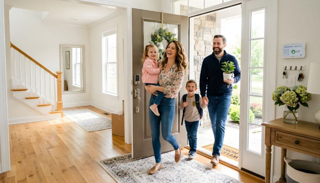 A family of four walking into their new home excitedly entering through the front door with a child being carried