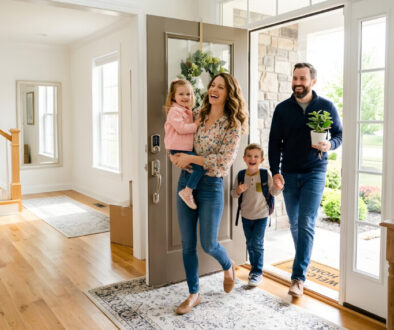 A family of four walking into their new home excitedly entering through the front door with a child being carried