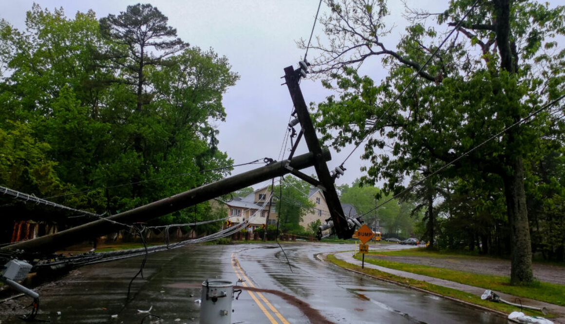 transformer on a pole and a tree laying across power lines over a road after Hurricane moved across